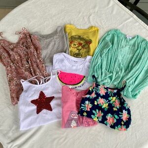 Girls Colorful Clothing Bundle- Floral Romper, Teal Cardigan, T-shirts